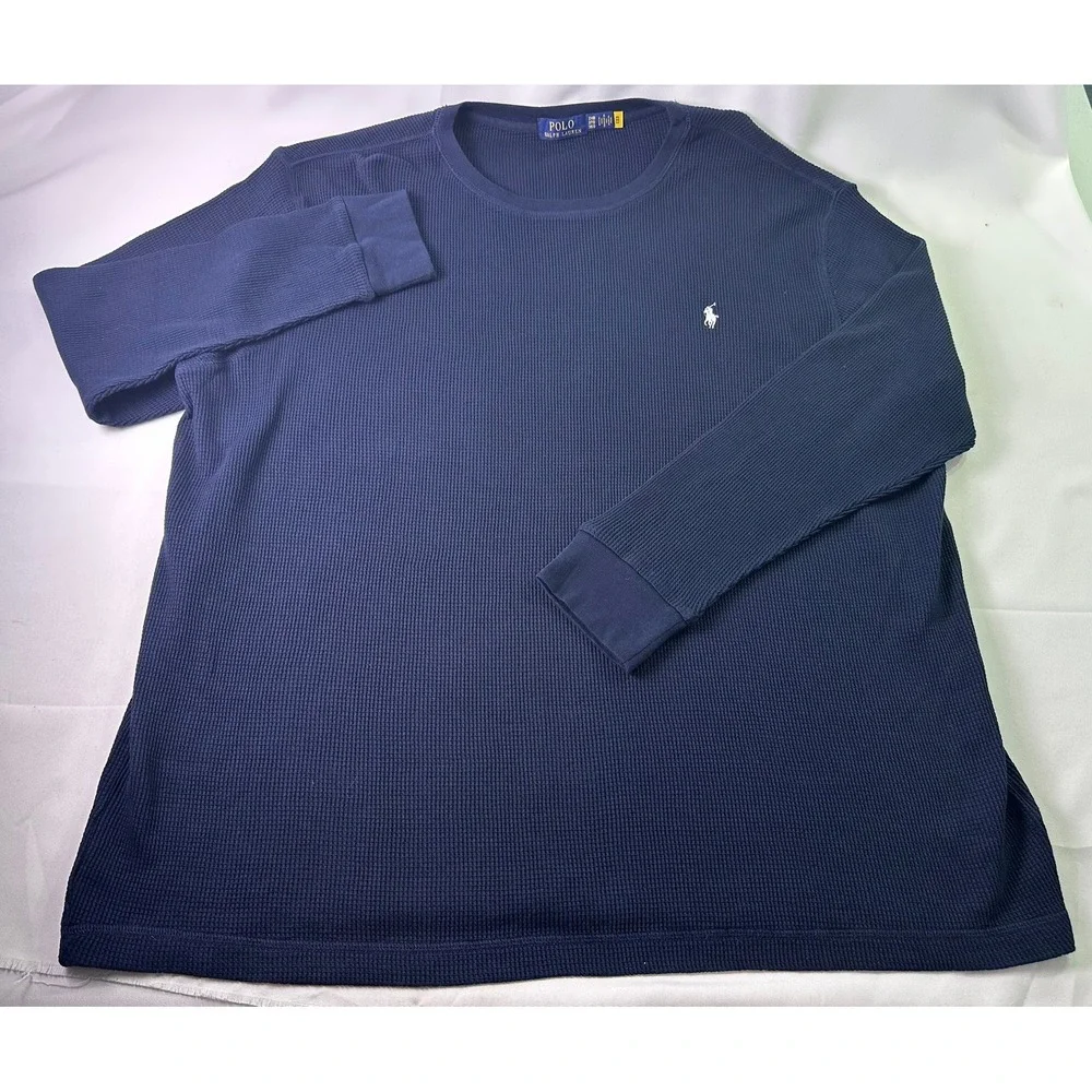 Polo Ralph Lauren Mens 3XB‎ Navy Blue Waffle Knit Thermal Long Sleeve Shirt Pony